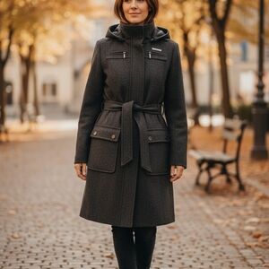 Rocawear Black Wool Belted Hooded Jacket with Logo Pattern Small